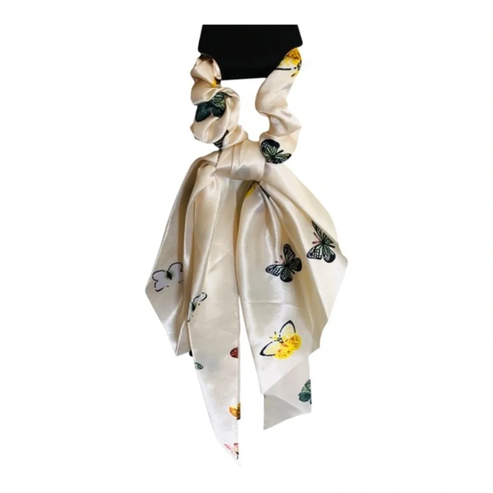4 Butterfly print satin look black, pink, blue‎ ivory hair scrunchie scarves new